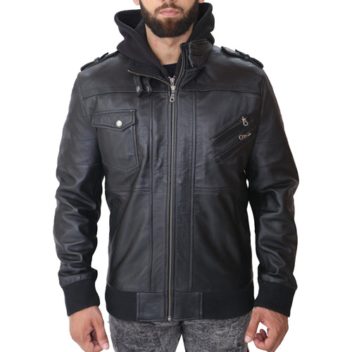 Leather jacket shop with removable hood