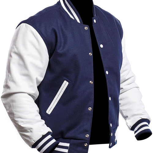 Varsity Jacket Baseball Letterman Bomber School Collage Red Wool and  Genuine Navy Blue Leather Sleeves at  Men’s Clothing store