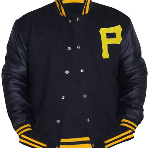 Mens Pittsburgh Pirates P Logo Baseball Majestic Varsity Black Letterman  Bomber Jacket